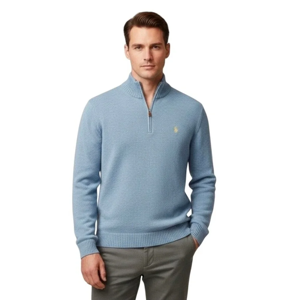 Polo Ralph Lauren‎ Men's Blue 1/4 Zip Pullover Sweater Embroidered Pony XL Mint